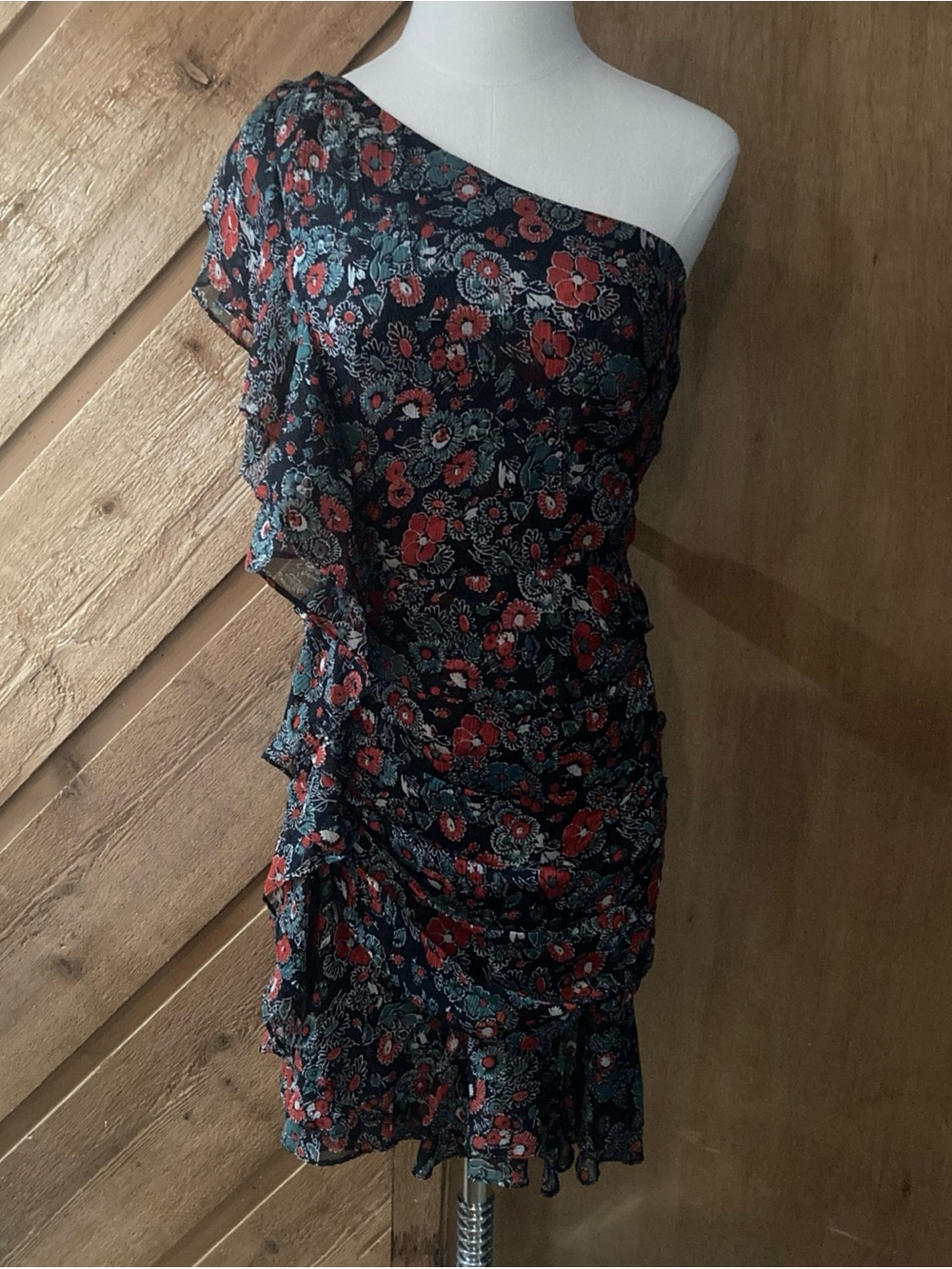 Veronica Beard One-Shoulder Ballard silk Floral Ruffle mini Dress women’s size 6